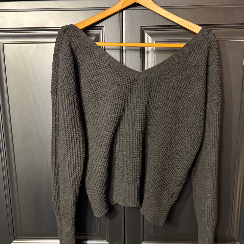 Anthropologie Black V-Neck Sweater with Criss Cross Back
